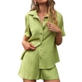 thumbnail image 1 of Conjunto de traje de mujer Cuello vuelto Camisa de manga corta Pantalones cortos Color puro Conjunto de ropa de verano Verde XL, 1 of 6