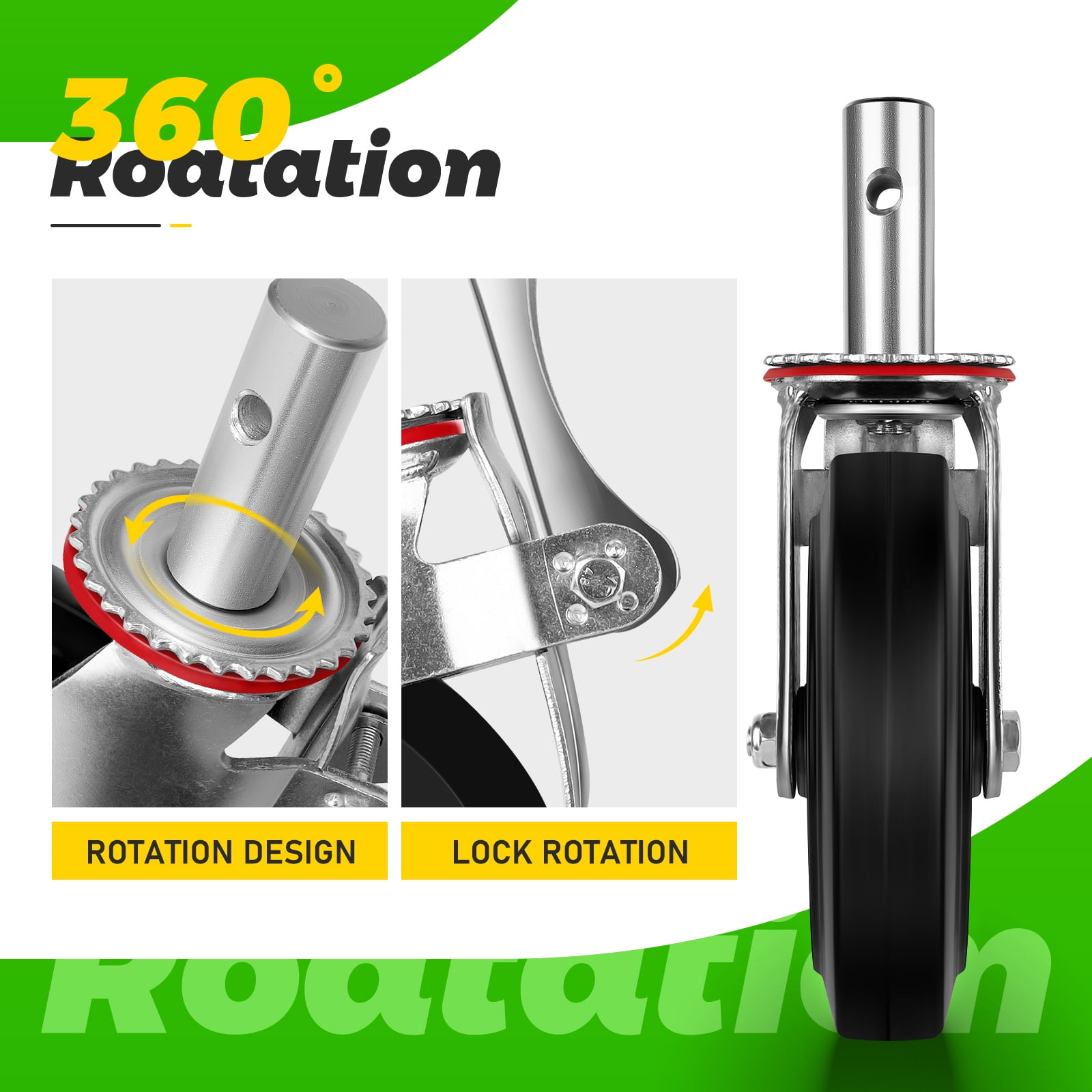 No Noise Wheels, 8 Inch Industrial Casters Set of 4, Locking Swivel Stem Casters Rubber Casters Heavy Duty Castors, Caster Wheels 4400lbs Load for Cart and Workbench