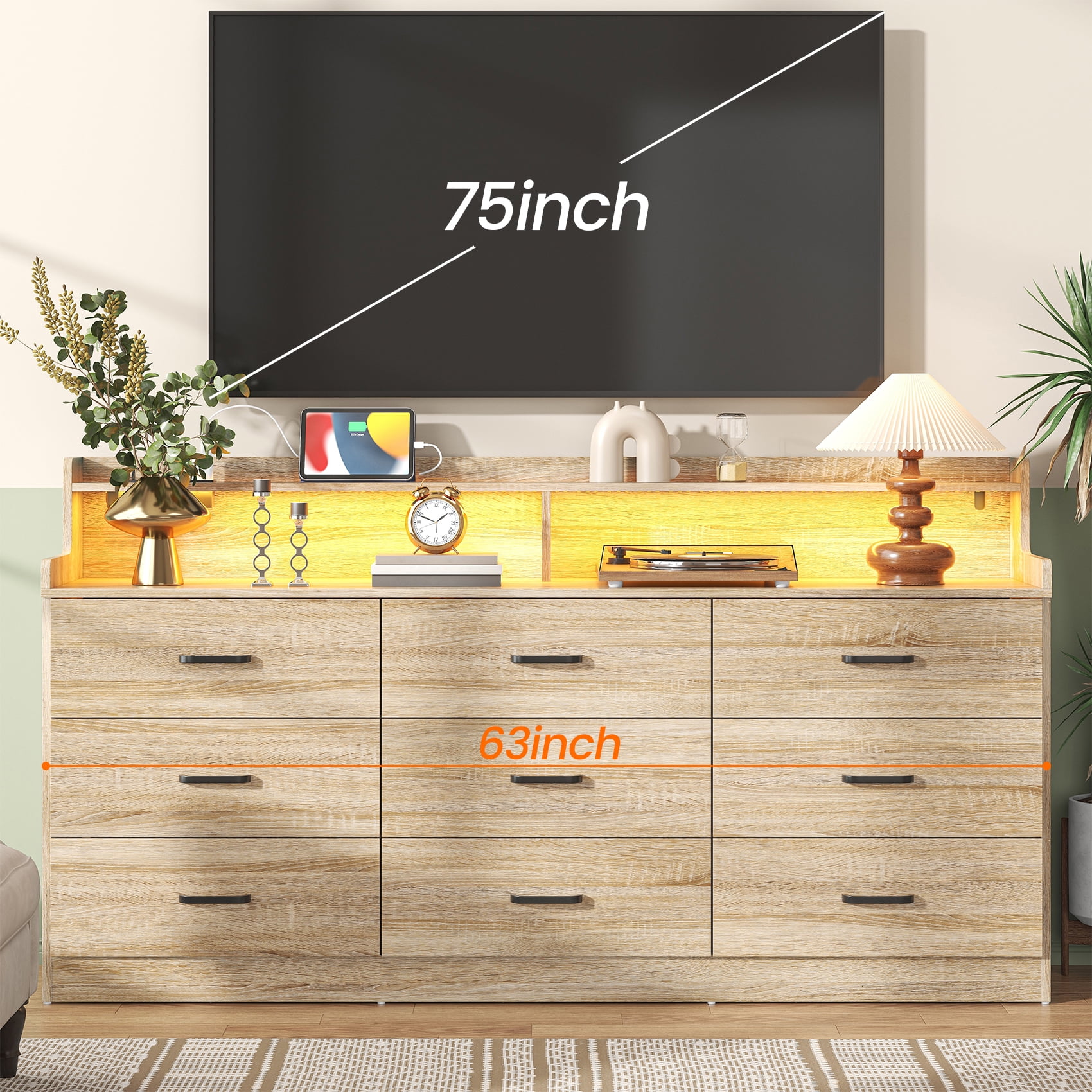 VVFLU Modern Dresser for Bedroom with LED Light, 9 Drawer Oak Dresser with Charging, Wooden Chest of Drawers, Large TV Stand for Bedroom