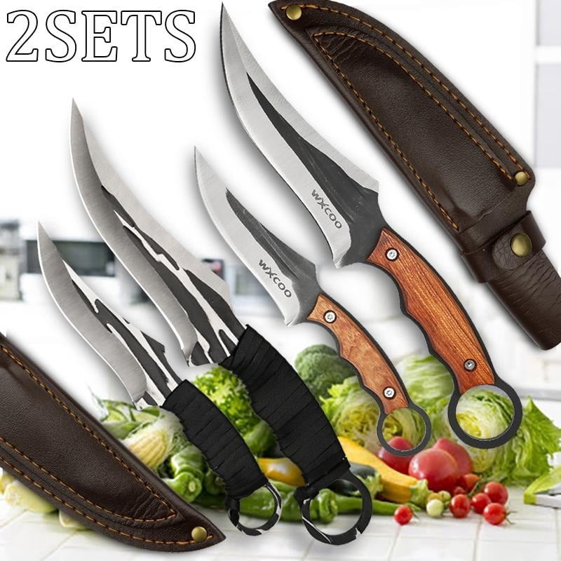2SETS Kitchen Chef Knife Set with Stainless Steel Boning Knife Cover Professional Utility Knife Outdoor Camping Knife Hand Forged Fruit Knife Beef Slicing Fish Cutting Knife Kitchen Supplies