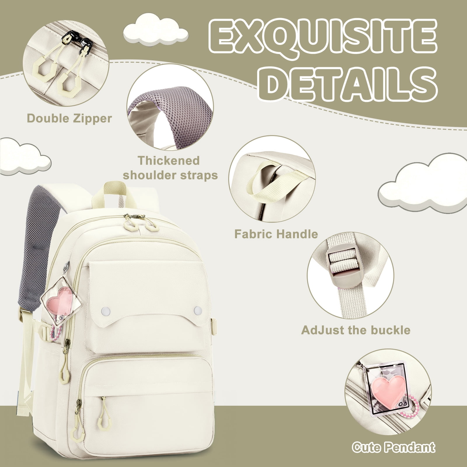 Inadays School Backpack, Large Capacity Bookbag for 15.6 Inch Laptop, Water-Resistant Cute Girlish Backpacks for Teen Adults Tween, Lightweight Travel Daypack for Primary Middle School College