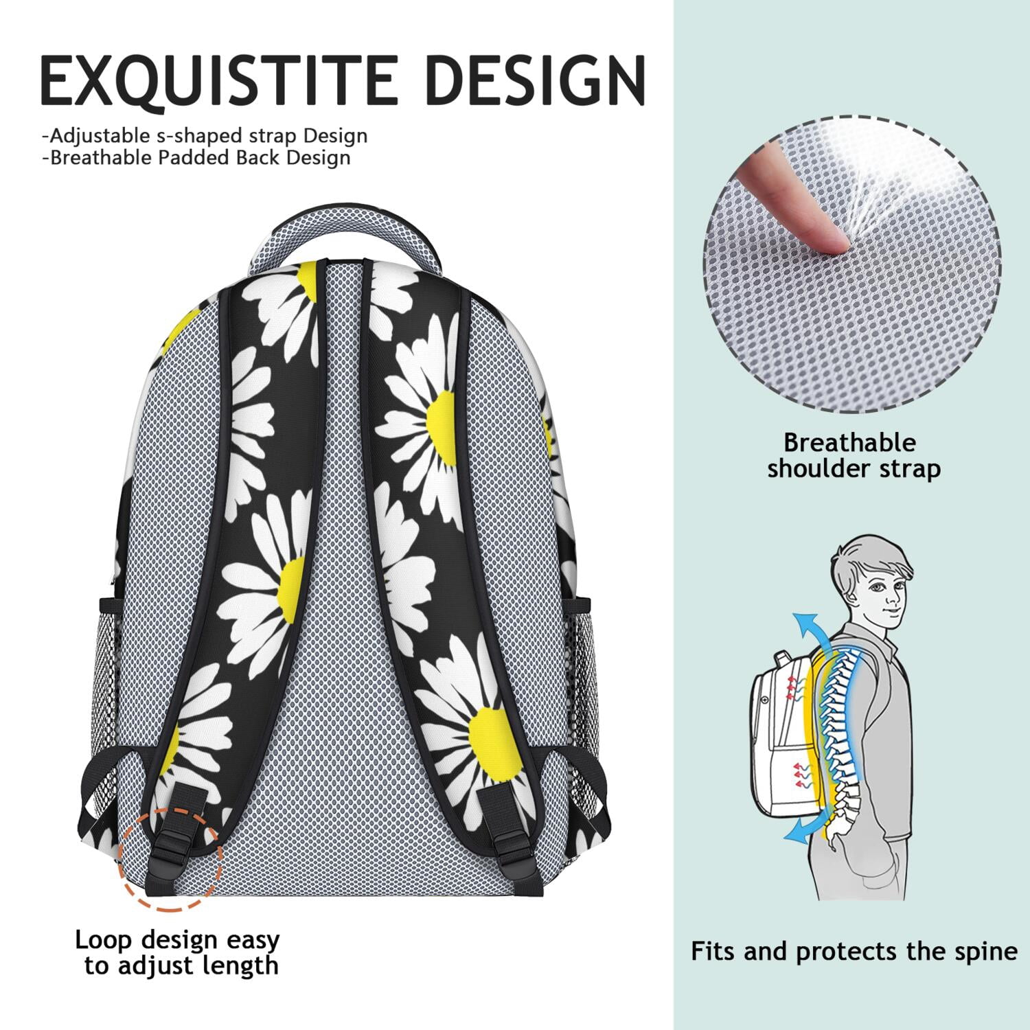 Daisy and Bee Illustration Bookbag - Ergonomic Spinal Support & Waterproof for Commuters