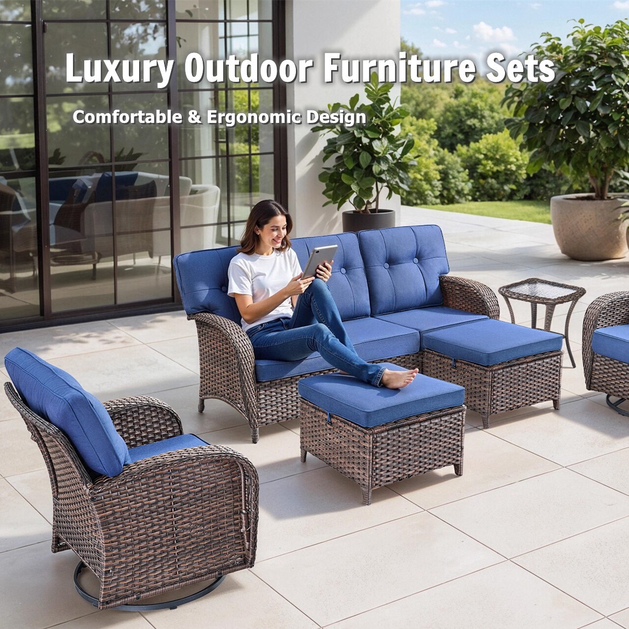 Bellefurn 9 Piece Outdoor Patio Wicker Furniture Sets,High Back Outdoor Conversation Set with Swivel Rocker Patio Chairs,Sofa,Coffee Table and Ottomans for Porch Balcony Patio Deck
