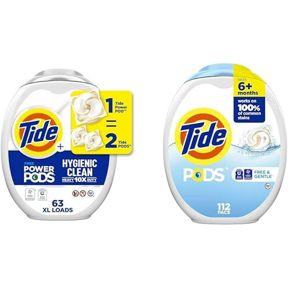 Tide Hygienic Clean Heavy Duty 10x Free Power PODS Laundry Detergent Liquid Soap Pods, 63 count & PODS Free and Gentle Laundry Detergent Soap Pacs, 112 ct, HE Compatible and Coldwater Clean