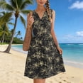 thumbnail image 2 of Women's Beach Dress V Neck Button Sleeveless Print Pleated Sundress Summer Vacation Casual Midi Dresses (XL, Black), 2 of 7
