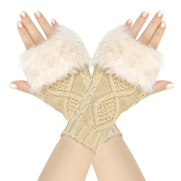 Clearance! Yajing Womens Mittens One Size Beige Short Bow Gloves Autumn and Winter Women's Cute Wrist Knitted Wool Warm Fingerless Gloves