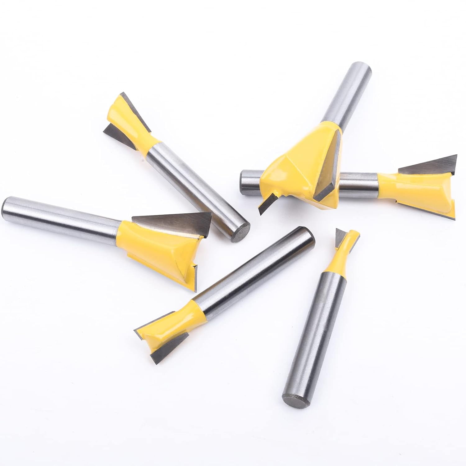 ABPETE Dovetail Router Bit Set 6 Sizes with 1/4 Inch Shank ,Cutting Dia in 1/4" 3/8" 1/2" 5/8" 3/4" 7/8" Wood Milling Cutter Tool for Making Boxes Drawers Chests,Great for Craftsman Woodworking