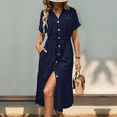 thumbnail image 5 of Women'S Solid Color Dress Summer Casual Short Sleeve Button V Neck Dresses Long Beach Shirt Dress with Pockets Navy Blue L, 5 of 7