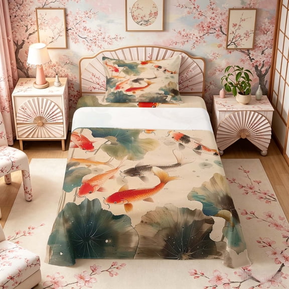 Manfei Ink Koi Fish Twin Sheet Sets, Lotus Leaf Pond Bedding Home Decor, Beige Green Orange 3pcs, 1 Flat Sheet, 1 Fitted Sheet and 1 Pillowcase