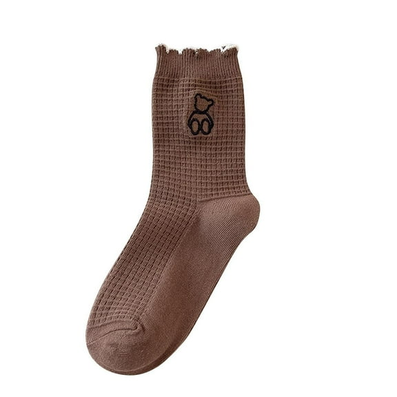 Xfvqtps Womens Crew Socks Cute Bear Embroidery Huafuge Solid Color Simplicity Middle Tube Non Shedding Comfortable Breathable Elastic Soft Cozy Premium Spring Summer Cotton Socks Coffee