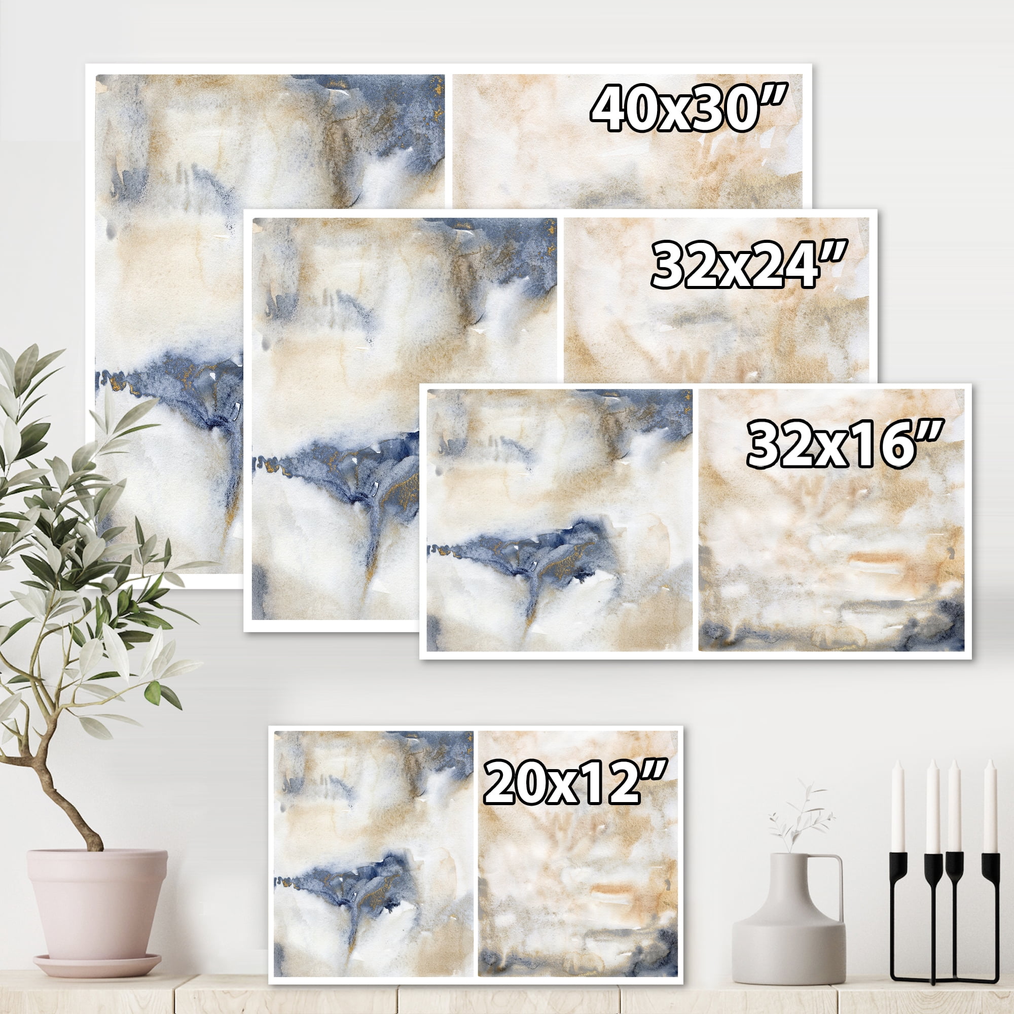Designart ' Abstract Gold Beige Pink and Dark Pastel Strokes ' Modern Canvas Wall Art Print