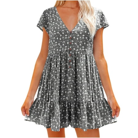 

Black Dresses for Women Sweater Dress Fashion Women Summer Button Leisure Print V-Neck Dress Short Sleeve Mini Dress Summer Dresses Womens Dress Pants Summer Savings Black M