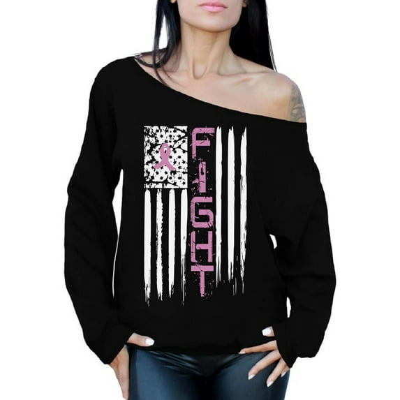 Awkward Styles Women's Breast Cancer American Flag Distressed Graphic Off Shoulder Tops Oversized Sweatshirt Fight Pink Ribbon