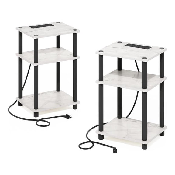 Furinno Just 3-Tier USB Type-C Charging Port End Table in Marble White Set of 2