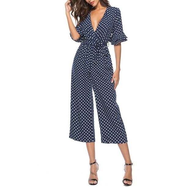 Sexy Dance Women Polka Dot V Neck Jumpsuit Rompers Ruffle High Waist Bell Sleeve Wide Leg Playsuit Casual Loose Culotte Trousers Walmart Com Walmart Com