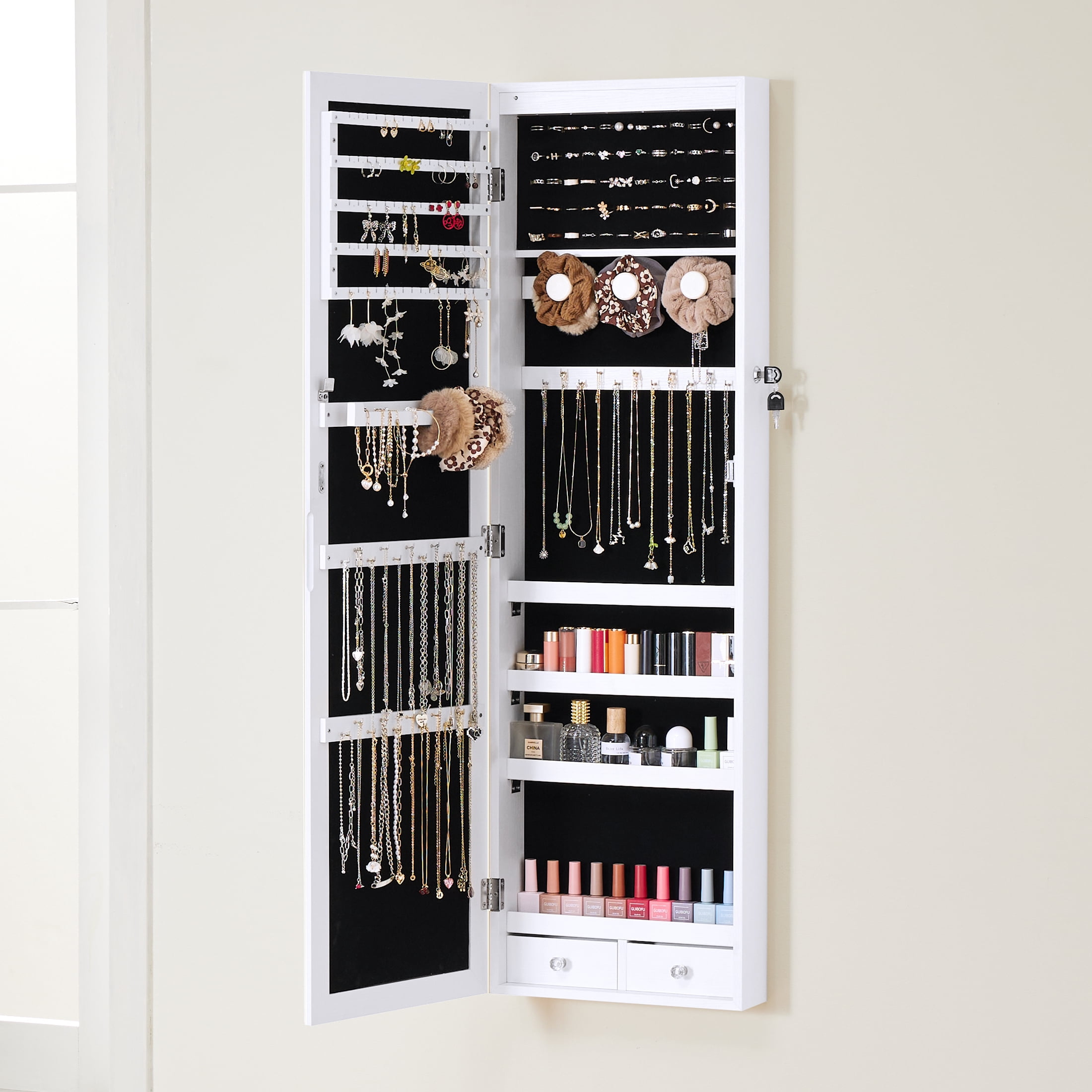 edx Full-Length Mirror Jewelry Cabinet with 6 LED Lights, Wall Door Mounted Jewelry Armoire Organizer with Makeup Storage