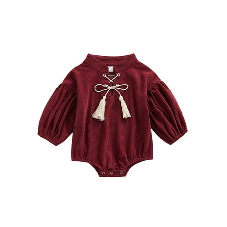 

Grianlook Newborn Loose Crew Neck Playsuit Solid Color Corduroy Romper Travel Lace Up Jumpsuit Top Claret 60cm