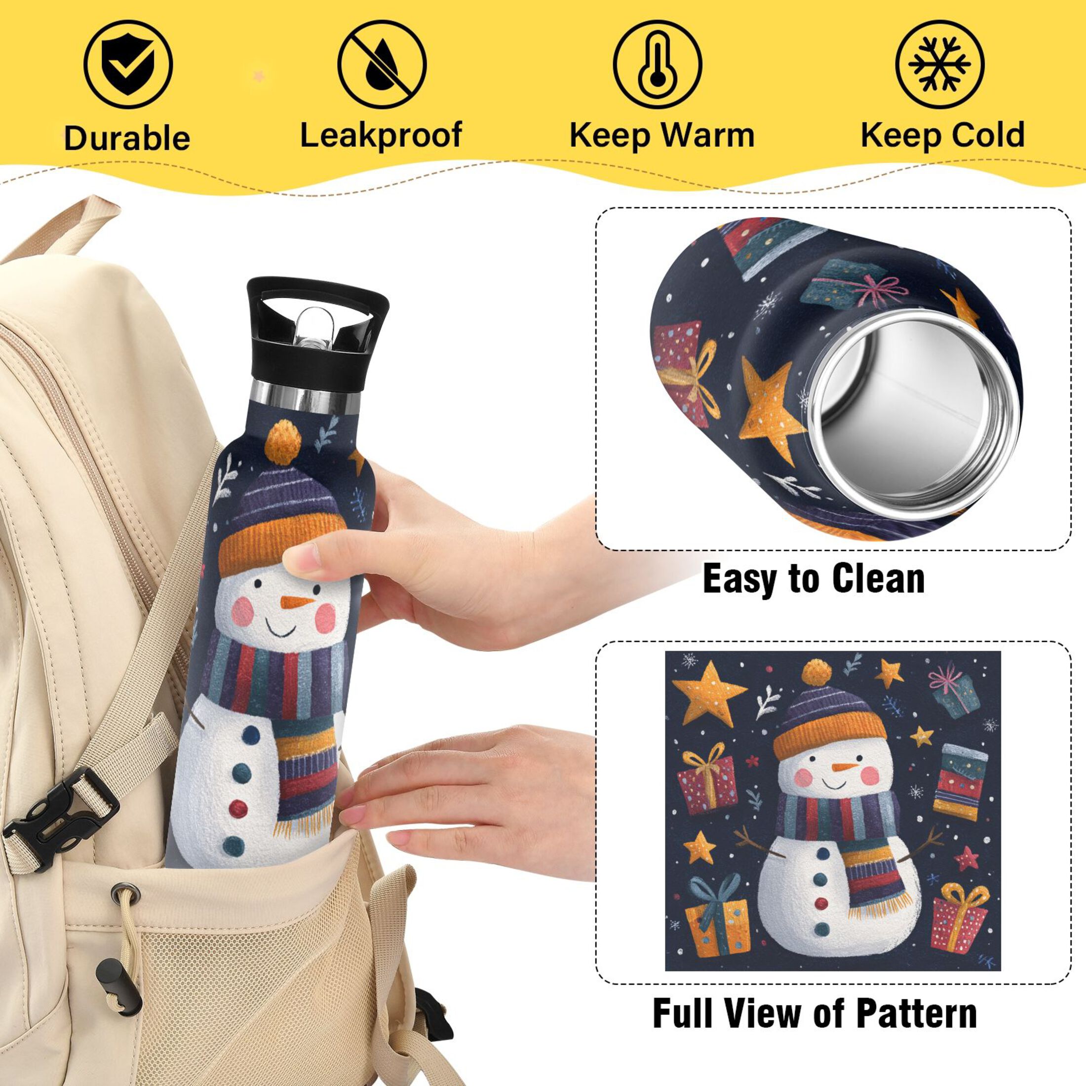 600ML Stainless Steel Insulated Cup Sports Water Bottle Portable Thermos Cup Water Glasses Insulated Tumblers Convenient and Durable Christmas Snowman Beautiful