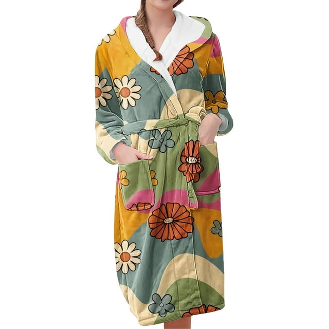 Women's Fleece Plush Robe Long Warm Plush Bathrobe Loungewear Jacket Printed Comfort Robe