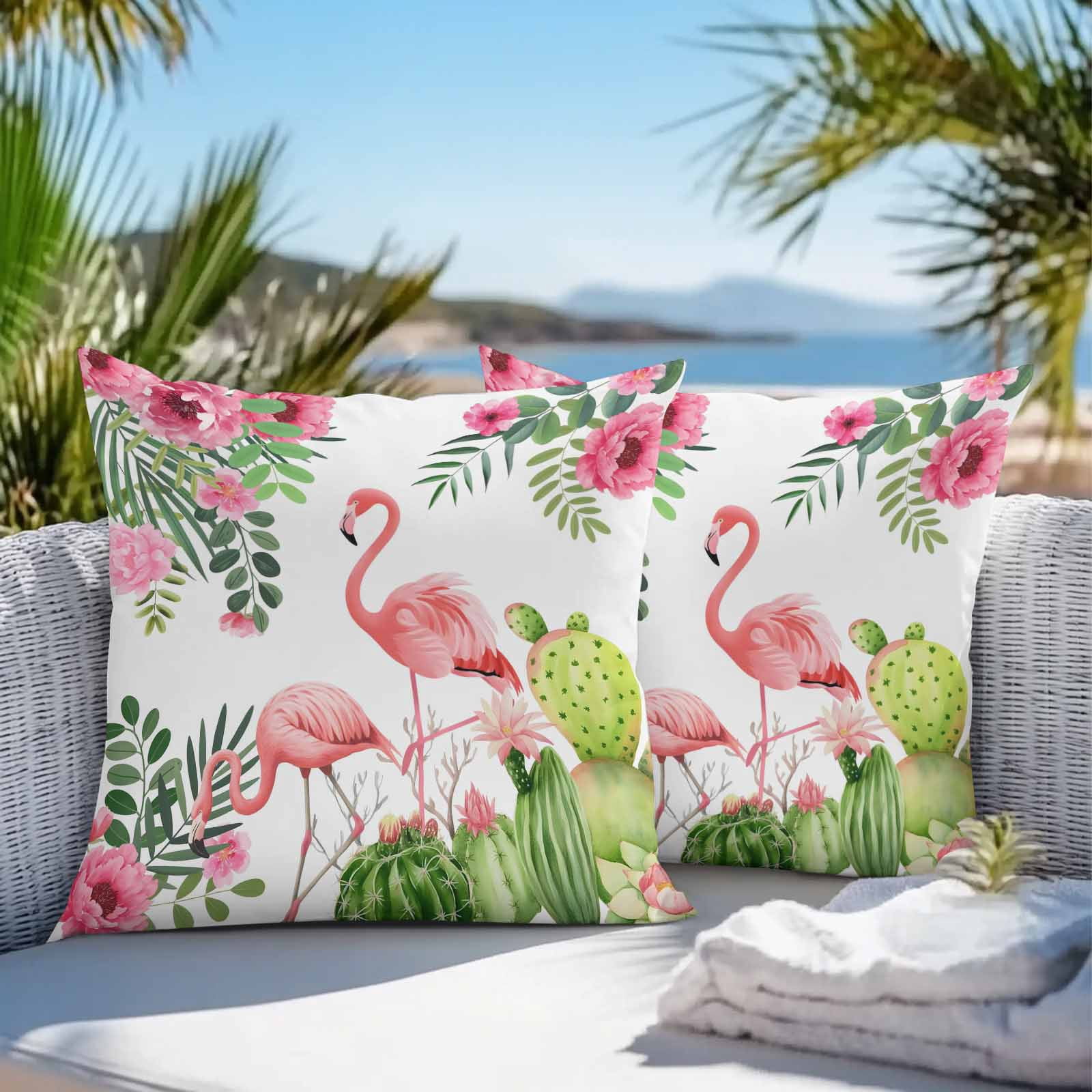 Outdoor Waterproof Throw Pillow Covers Set of 2 Pink Floral Flamingos Decorative Pillowcases Square Outdoor Pillows Cushion Case 16x16 Inch Summer Tropical Cactus Patio Pillows for Couch Sofa Bed