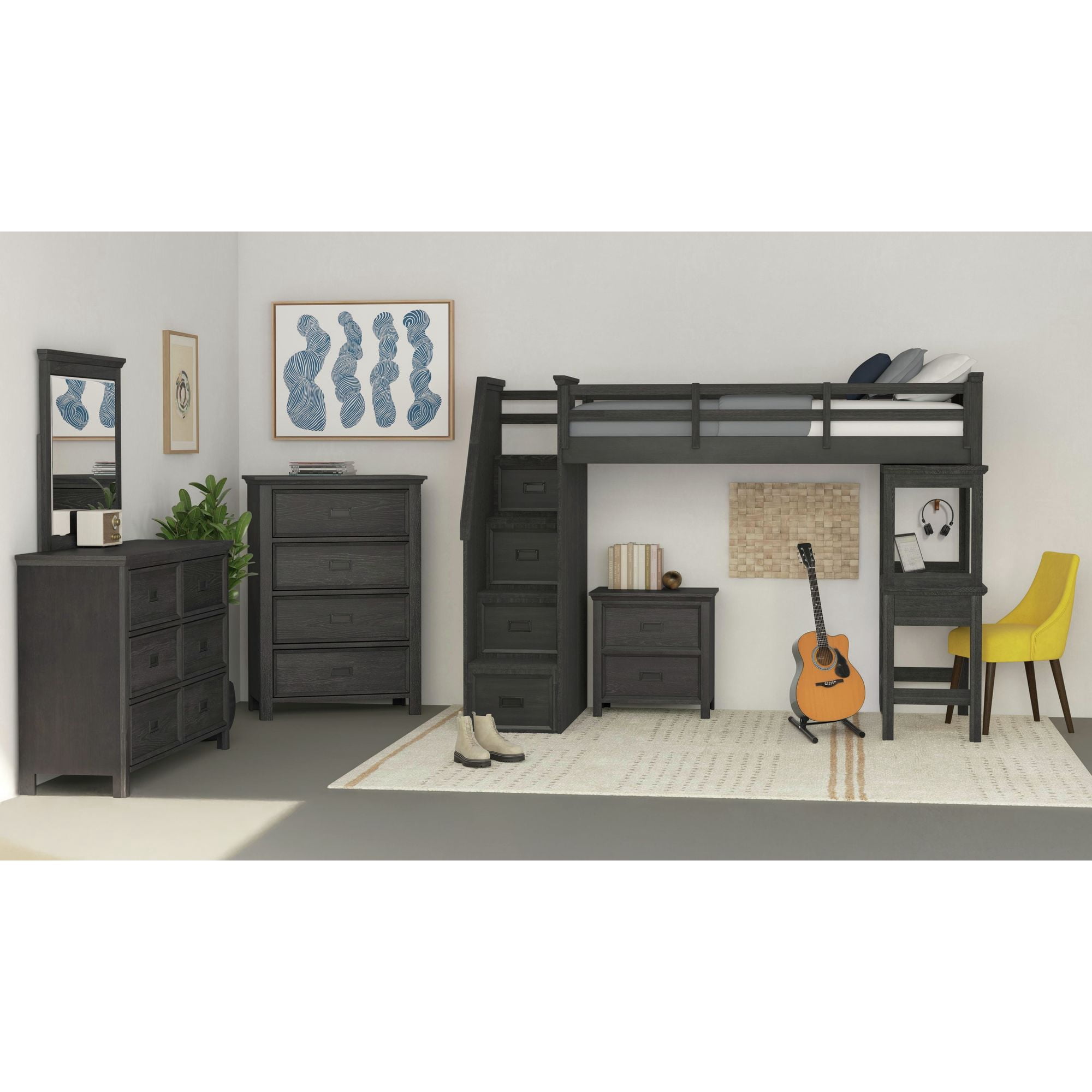 Brooklyn Kids Twin Loft with Staircase &Desk-Speaker 5PC Bedroom Set in Charcoal