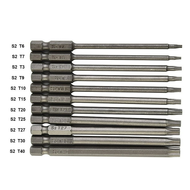 Juego de puntas de destornillador Torx, vástago hexagonal de 6,35mm, punta de seguridad magnética T5/T6/T7/T8/T9/T10/T15/T20/T25/T27/T30/T40, 50-100mm, profesional