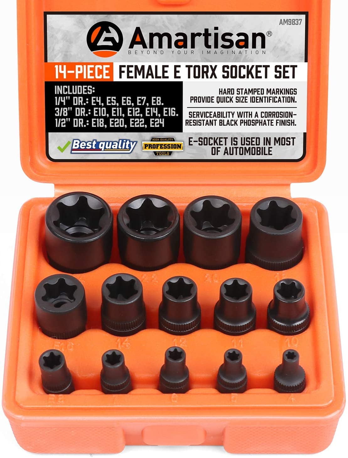 oumuik 14pcs Female E Star Torx Socket Set E4-E24 On Rail 1/41/23/8 E-Type Sockets Insert Nut