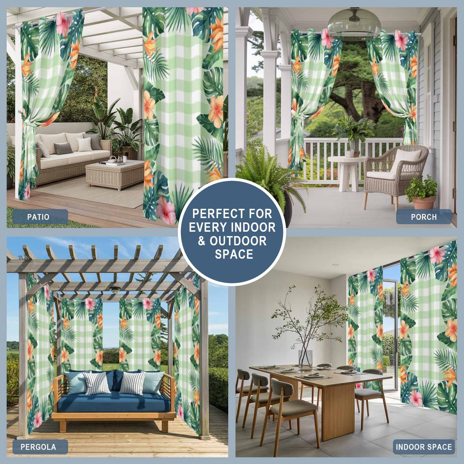 Summer Tropical Leaf Outdoor Curtains for Patio, Country Forest Green Leaf Pink Flower Green Plaid Sunshade Privacy Drapes Grommet Waterproof Outside Curtains for Porch Balcony 54"x108", 1 Panel