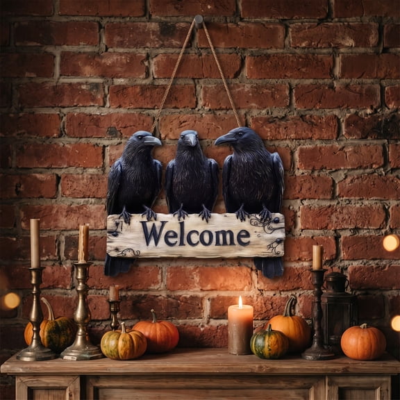 Gaecuw Halloween Decorative Wooden Door Sign Black Crow Themed Wall Hanging Ornament for Front Porch Indoor Decor