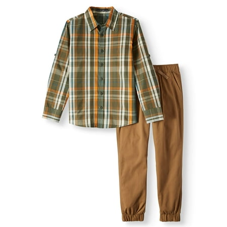 Beverly Hills Polo Club Boys 4-12 Plaid Long Sleeve Shirt & Twill Jogger Pants, 2-Piece Outfit Set