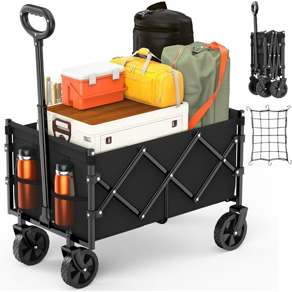 Foldable Wagon with Wheels, Portable Heavy Duty Collapsible Beach Cart - Large Capacity Utility Wagon for Shopping, Sports, Camping，Garden，Grocery - Black