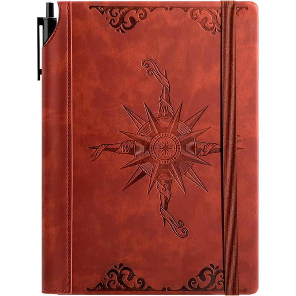 Compass Leather Notebook Journal for Men, 100 GSM 288 Pages Lined Journals for Writing, A5 Hardcover Journaling Notebooks Gift Set with Pen for Travel Office Daily Writing