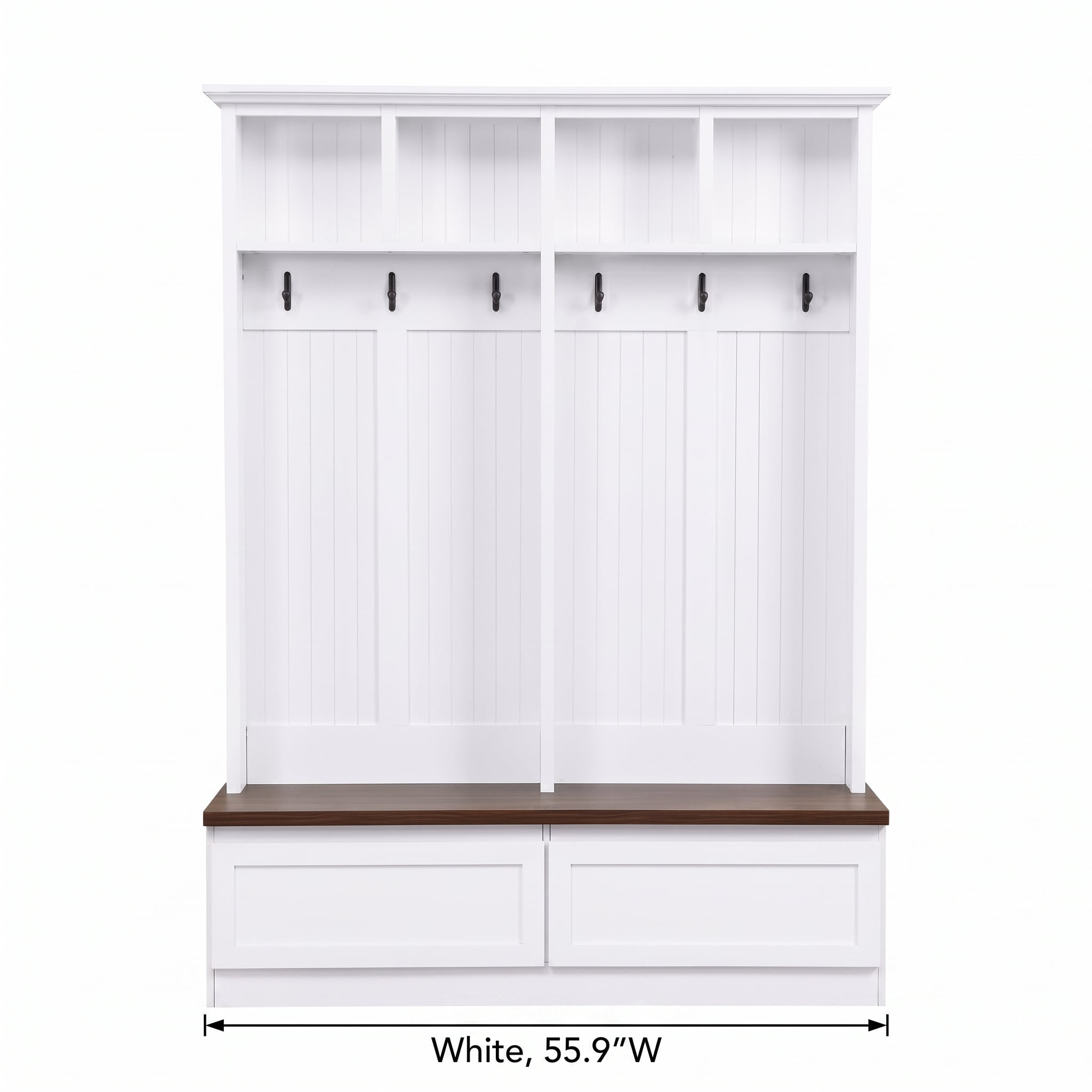 4 in 1 Hall Tree with Wood Grain Bench, Mudroom Versatile Coat Rack with 2 Large Drawer, Entrance Organizer for Hallway, Living Room, White, 55.9"W