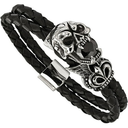 Primal Steel Stainless Steel Antiqued and Polished with Glass Leather Bracelet