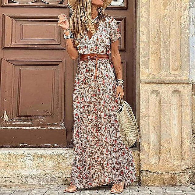 SMihono Robes Bohémiennes d'Été pour Femmes Grande Taille, Robe Décontractée Ample Imprimée à Manches Courtes Col en V avec Ceinture