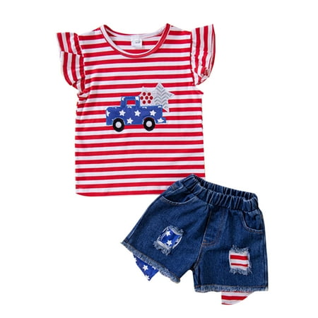 

GWAABD Summer Outfits Toddler Girl Polyester Girls Independence Pants Suit Stripe Star and Cartoon Car Print T Shirt and Baggy Denim Shorts 4T