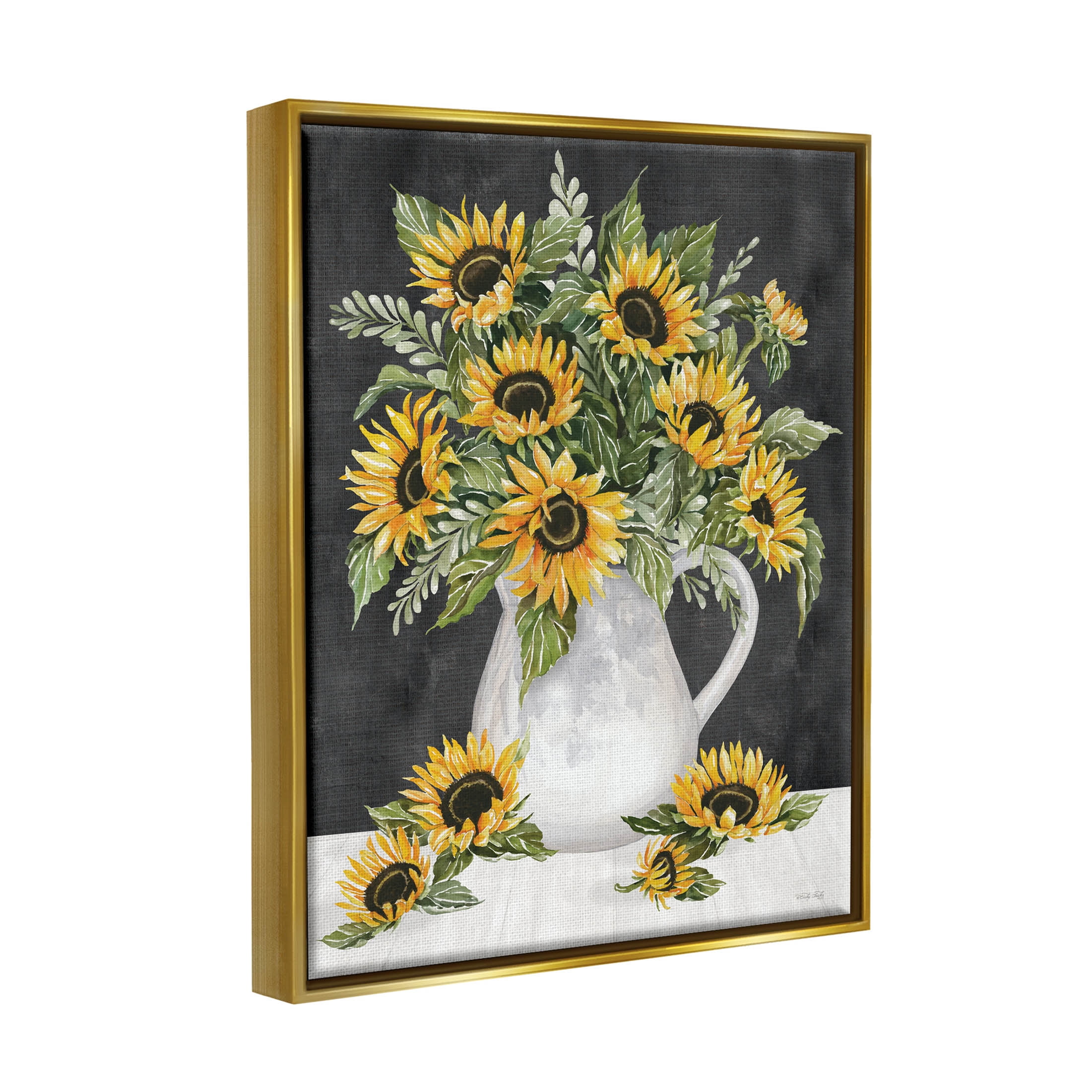Stupell Industries Country Sunflowers Vase Blossom Petals Graphic Art Metallic Gold Floating Framed Canvas Print Wall Art, Design by Cindy Jacobs