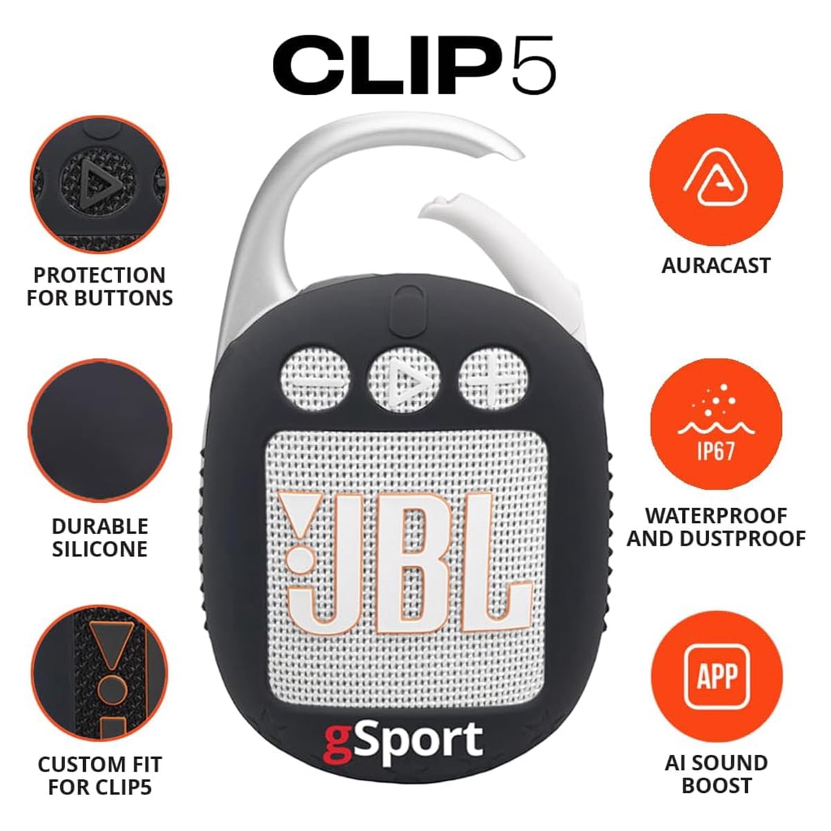 JBL Clip 5 Ultra Portable Bluetooth Speaker with gSport Silicone Sleeve (White)