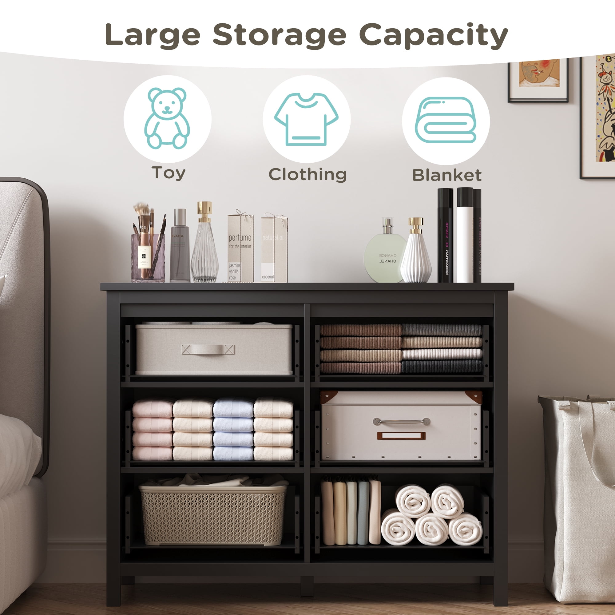 DIYART 6 Drawer Dresser for Bedroom, 41" Wide Large Chest of Drawers with Golden Handles, Modern Modern Bedroom Storage Dresser for Closet and Living Room, Black