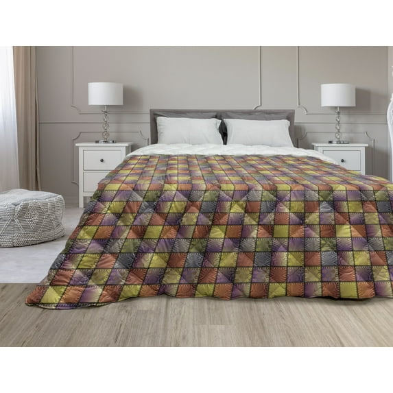 Colorful Down Alternative Comforter, Modern Geometric Bohemian Paisley Details in Square Shaped Backdrop Pieces Art, Microfiber Quilt for All Season, 5 Sizes, Blue Green, by Ambesonne