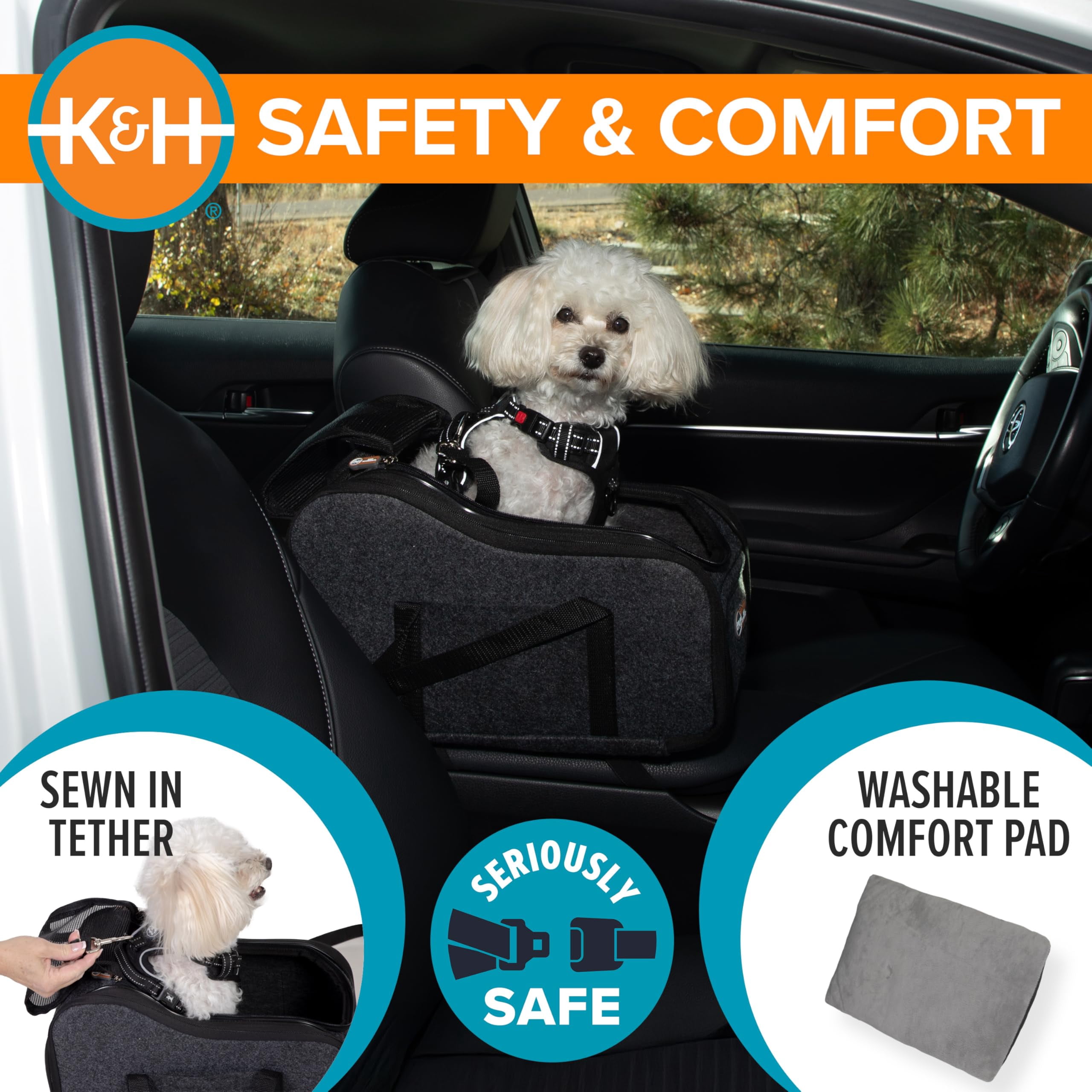 Center Console Dog Car Seat For Small Dogs & Cats  Secure Armrest Booster Carrier With Safety Tether Zippered Enclosure 2 Pockets Washable Plush Pad Pets Under 8 Lbs.