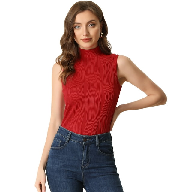 Camiseta sin mangas con cuello simulado para mujer, cuello alto, sin mangas, acanalado, top de punto rojo XS