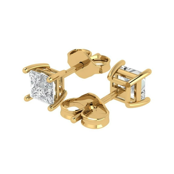 1.5 Ct Princess Cut Studs Clear Crystal 18K Yellow Solid Gold Everyday Dainty Earrings Push Back