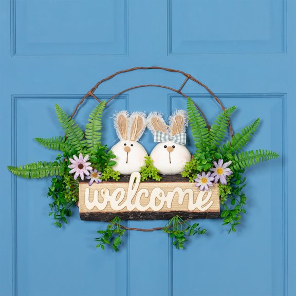 Northlight Easter Rabbit Couple Floral "Welcome" Sign - 16-Inch