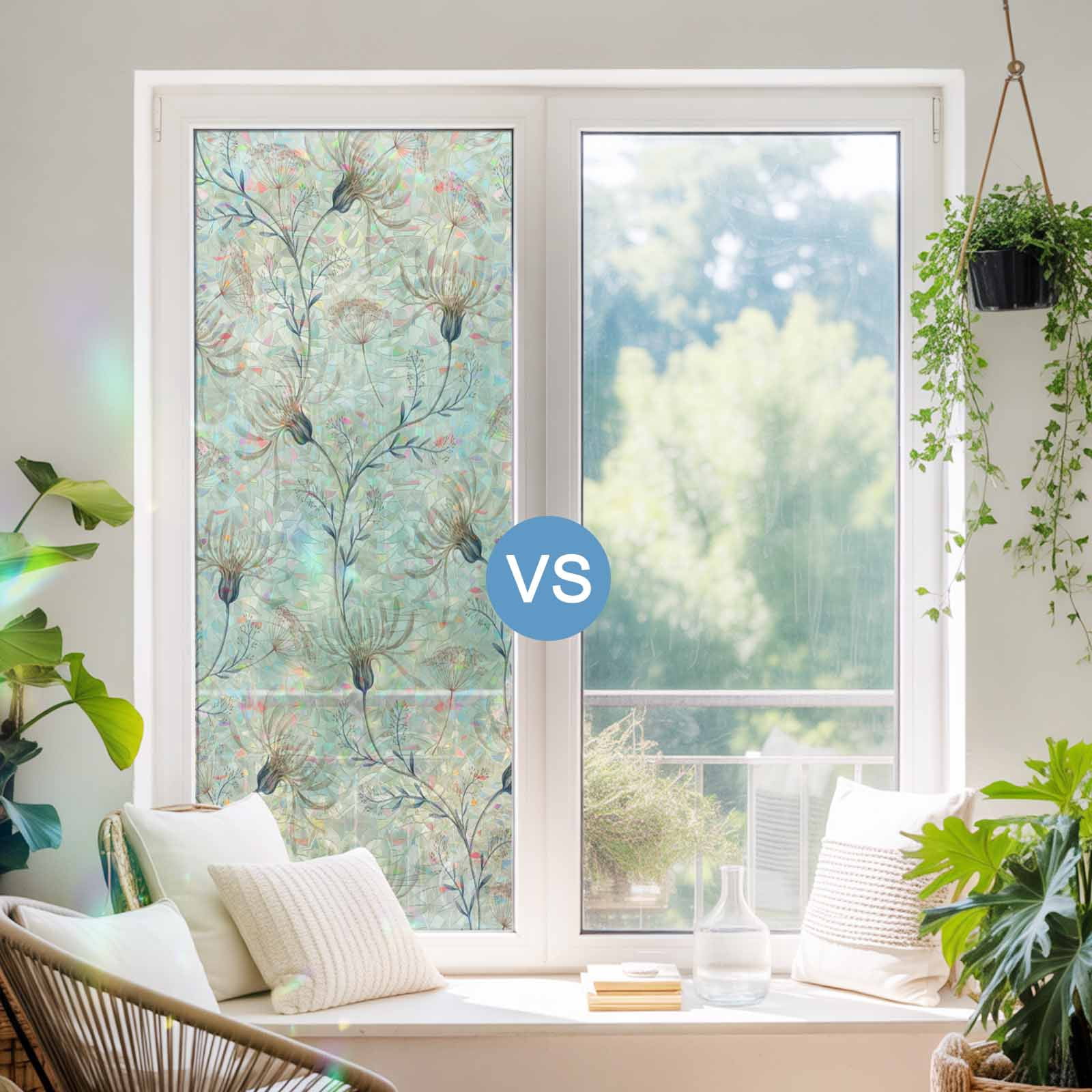 Beige Flowers Window Privacy Film Stain Glass,Reusable Decorative Rainbow Window Film,Watercolor Farmhouse Botanical Floral Static Cling Sun Blocking Stickers Decals Covers 23.6" x 78.7" (2pcs)
