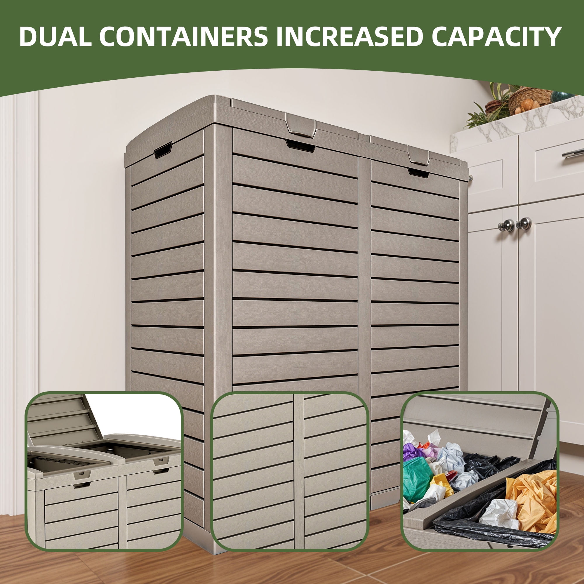 Uforic 62 Gallon Large Outdoor Dual Compartment Trash Bin, Waterproof Resin Garbage Can with Lid & Drip Tray, Hidden Waste Container, for Porch, Backyard, Light Brown