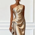 thumbnail image 2 of Morttic Women's Solid Color Ruched Waist One Shoulder Midi Dress – Elegant Satin Sleeveless Cocktail Gown Khaki，S, 2 of 4