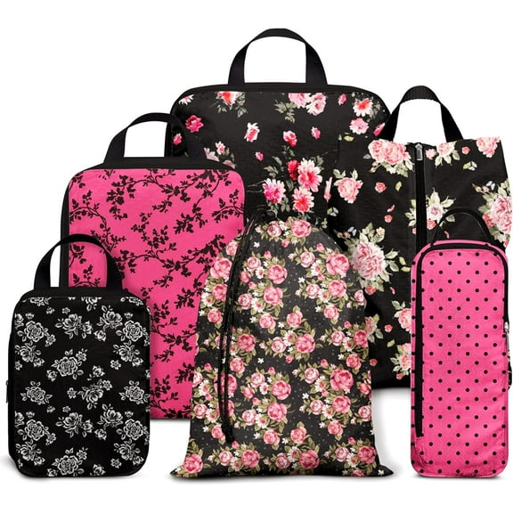Compression Packing Cubes for Suitcases, 6 Set Travel Luggage Organizer Bags, Lightweight Waterproof Smell Proof Black Floral Packing Cubes as Travel Accessories for Women