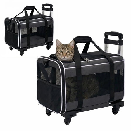Cat and Dog Carrier with Wheel Rolling Pet Carrier with Telescopic Treatment, Shoulder Strap and Pet Bag, Black and Grey