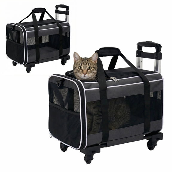 Cat and Dog Carrier with Wheel Rolling Pet Carrier with Telescopic Treatment, Shoulder Strap and Pet Bag, Black and Grey
